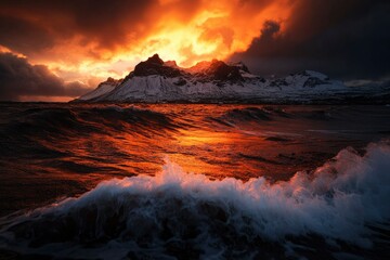 Fototapeta premium Fiery Sunset Over Snowy Mountains