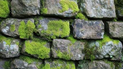 Naklejka premium A weathered stonewall covered in lush green moss and vegetation