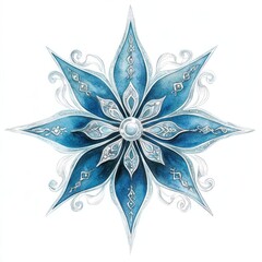 Intricate blue snowflake with silver detailing.