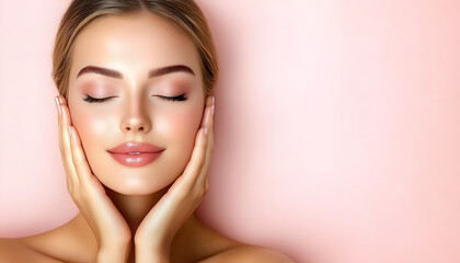 Naklejka premium A serene young woman with closed eyes gently holds her face against a soft pink background, radiating beauty and tranquility.