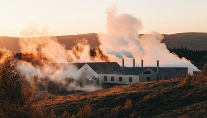 Geothermal plant emitting steam at sunset in a mountainous landscape