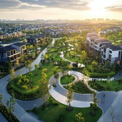 Aerial shot of a city redevelopment project featuring green roofs and solar panels