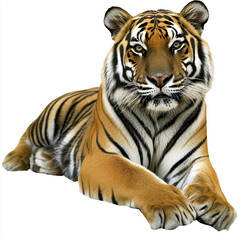 Obraz premium Tiger lying on white background, showcasing its majestic stripes