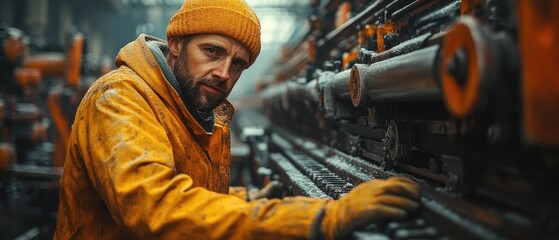 A person wearing a bright yellow jacket works on a mechanical device, possibly for maintenance or repair