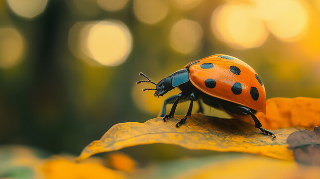 Closeup ladybug amidst natural background on autumn leaves with bokeh for banner design