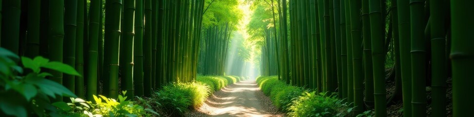 Obraz premium Narrow bamboo path, sunlight filtering through leaves, Kyoto , spiritual, calm, japanese garden