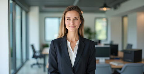 Portrait of a professional woman in a suit standing in a modern office. Mature business woman looking at the camera in a workplace meeting area