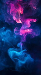 Fototapeta premium Glowing neon smoke swirling on a pitch-black background, vibrant colors (blue, purple, pink), soft and dreamy lighting, ultra-detailed, high contrast, mobile wallpaper