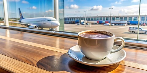 Enjoying a warm cup of coffee with chocolate at the airport cafe overlooking taxiing planes