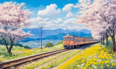 Fototapeta premium Spring Train Journey Through Cherry Blossom Trees