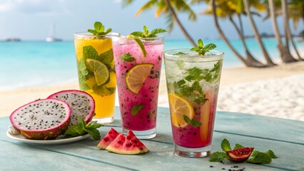 Fototapeta premium Herbal drinks featuring dragonfruit slices on a tropical beach with clear blue waters and palm trees
