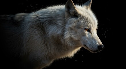 Fototapeta premium Wolf Portrait with Intense Amber Eyes Gazing Right in Dark Background