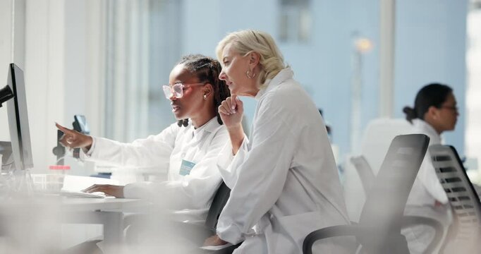 Women, computer and review in laboratory, team and advice for progress, drugs or point at pharmaceutical company. People, science and feedback with study for medical research with vaccine development