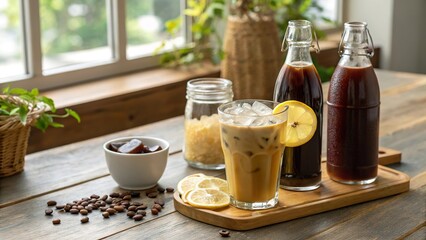 Enjoying refreshing iced coffee cold brews with lemon and coffee beans on a wooden table in a cozy cafe setting