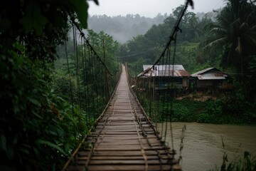 Fototapeta premium Rustic rope bridge over misty river