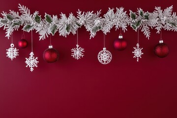 A holiday-themed banner with classic script font, hanging ornaments, and delicate snowflakes on a deep red background, elegant and stylish design