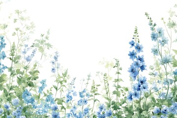 Naklejka premium Blue blossoms and green leaves with watercolor on white. Use as backdrop