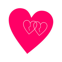 Minimalist design featuring two broken line art hearts inside a big pink heart, symbolizing love and heartbreak