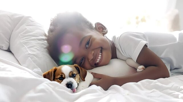 A little boy tenderly hugs her puppy and lies on the bed in a bright bedroom in the morning. Friendship concept between child and pet, copy space for text
