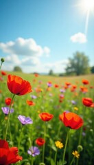Poppies, cornflowers dance in a sun-drenched summer field , floral, ecology