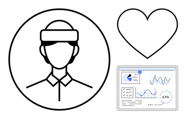 Medical professional outlined in a circle, heart symbol, and data analytics dashboard showcasing graphs and metrics. Ideal for medical care, health monitoring, wellness, fitness, technology