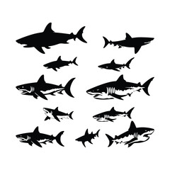 Fototapeta premium Family of Sharks Vector simple minimal black silhouette