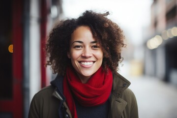 Fototapeta premium A cheerful young woman stands outdoors, wearing a stylish coat and a vibrant red scarf. She showcases a warm smile as she walks down a quaint urban street, surrounded by soft light
