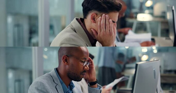 Tired, collage and computer with business people in office for research glitch, stress and admin report. Montage, fatigue and mental health with employee in agency for feedback, burnout and broker