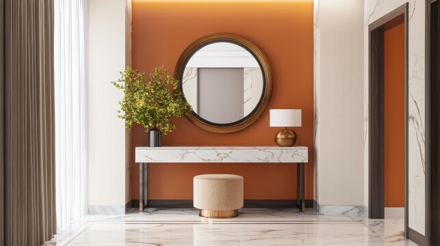 Elegant neoclassical hallway, terracotta walls, amber framed mirror, marble console table, warm lighting, modern classic style