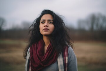 Fototapeta premium Amidst a tranquil landscape, a woman gazes thoughtfully into the distance, her dark hair gently tousled by a soft breeze, conveying a sense of introspection and connection to nature