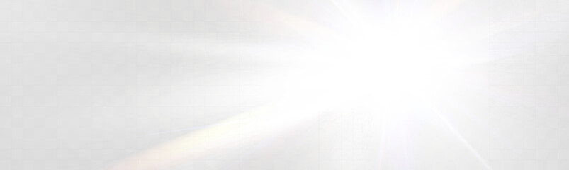 Bright white light explosion with lens flare, rainbow reflections, and sparkles on transparent background.	

