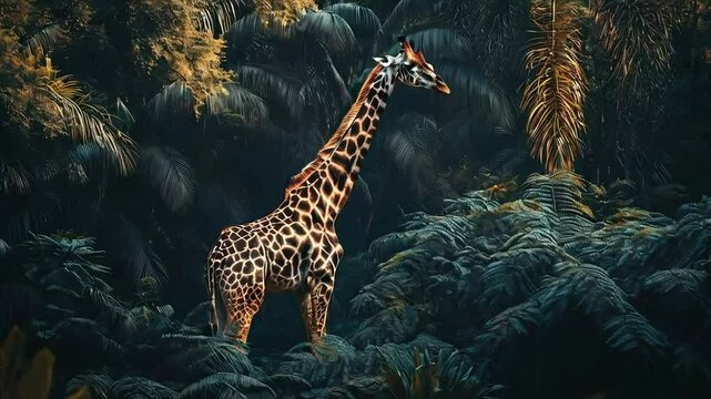 Giraffe standing jungle foliage background, wildlife poster