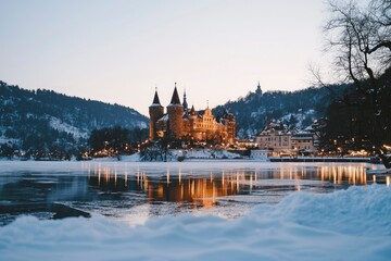 Obraz premium Snowy Castle by Frozen Lake at Dusk