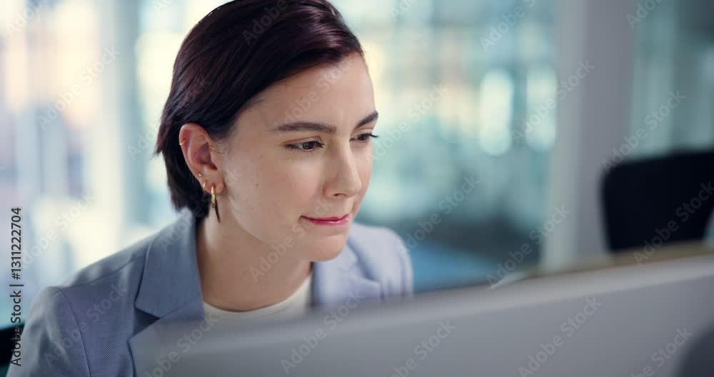 Poster thinking, research and woman with computer, business and online for copywriting in marketing agency 