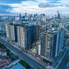 Aerial shot of a city redevelopment project featuring green roofs and solar panels