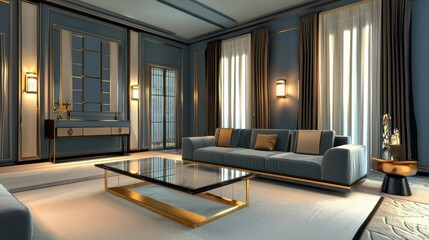 Industrial brutalist living room, metal panels, oversized velvet sofa, glass coffee table, light tone rug, brass drapes, LED lit furniture, console