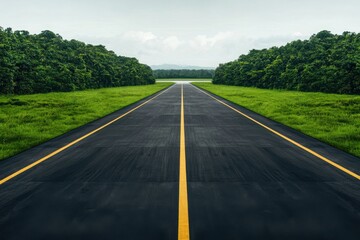 Fototapeta premium Aerial View of an Empty Runway Surrounded by Lush Green Landscape in a Serene Environment