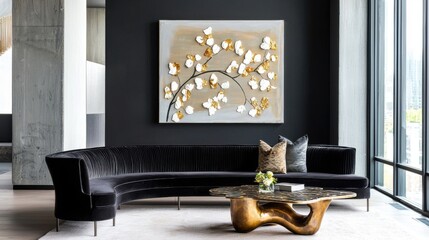 Industrial elegance living room, graphite walls, plush black boucle sofa, sculptural metal coffee table, floral painting with gold strokes, fabric wall