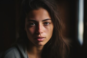 Fototapeta premium The warm glow of the evening sun highlights the striking features of a young woman, her eyes reflecting curiosity and depth. The intimate atmosphere invites connection