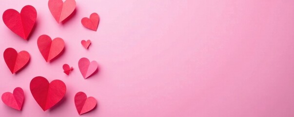 Pink surface adorned with folded paper hearts, minimal, holiday, paper