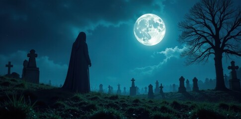 Ghostly figure superimposed on moonlit graveyard, witchcraft, holiday