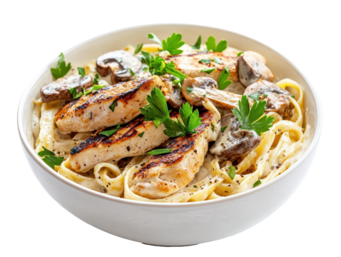 Isolated Creamy Chicken Alfredo Pasta with Mushrooms