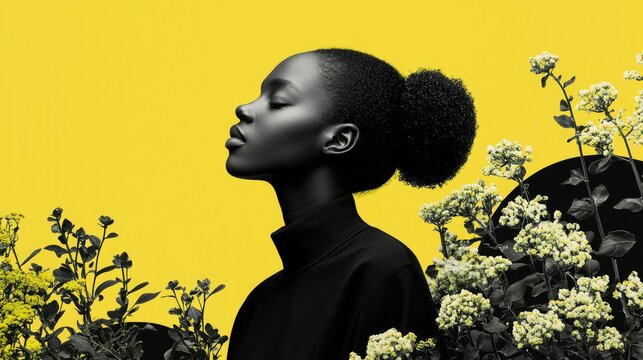 Woman, Yellow Background, Floral Art