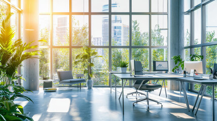 Modern office interior with large windows, greenery, and natural light