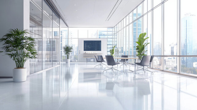 Modern office interior with large windows, plants, and sleek furniture, creating bright and inviting workspace