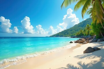 Fototapeta premium Idyllic summer seascape panorama, sunlit beach and azure ocean, image, sea