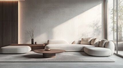 modern living room featuring curved white sofa, wooden coffee table, and minimalist decor, creating...
