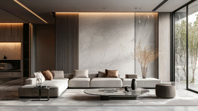 Modern living room with minimalist design, featuring large sectional sofa, marble wall, and elegant decor. space is bright and inviting, perfect for relaxation