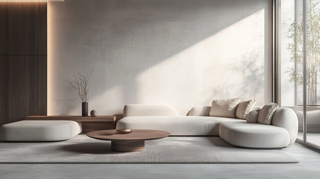 modern living room featuring curved white sofa, wooden coffee table, and minimalist decor, creating serene atmosphere with natural light - Powered by Adobe