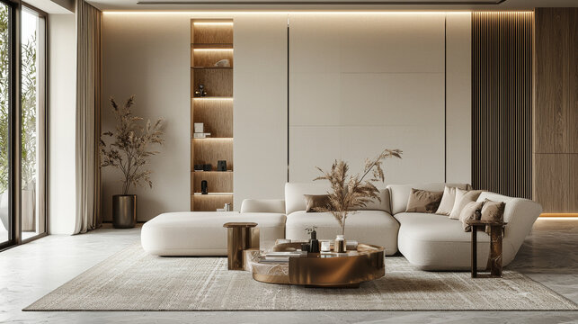 modern living room featuring stylish white sectional sofa, elegant decor, and warm lighting, creating cozy and inviting atmosphere